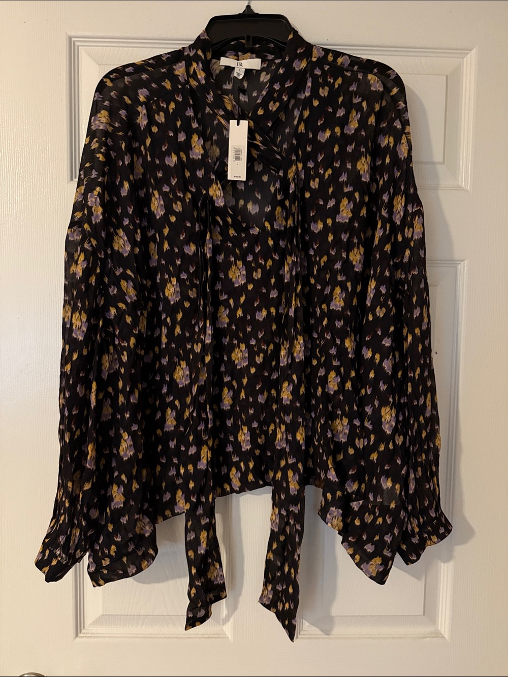 Banana Republic Black Floral Tie-Neck Blouse with Purple & Yellow Accents